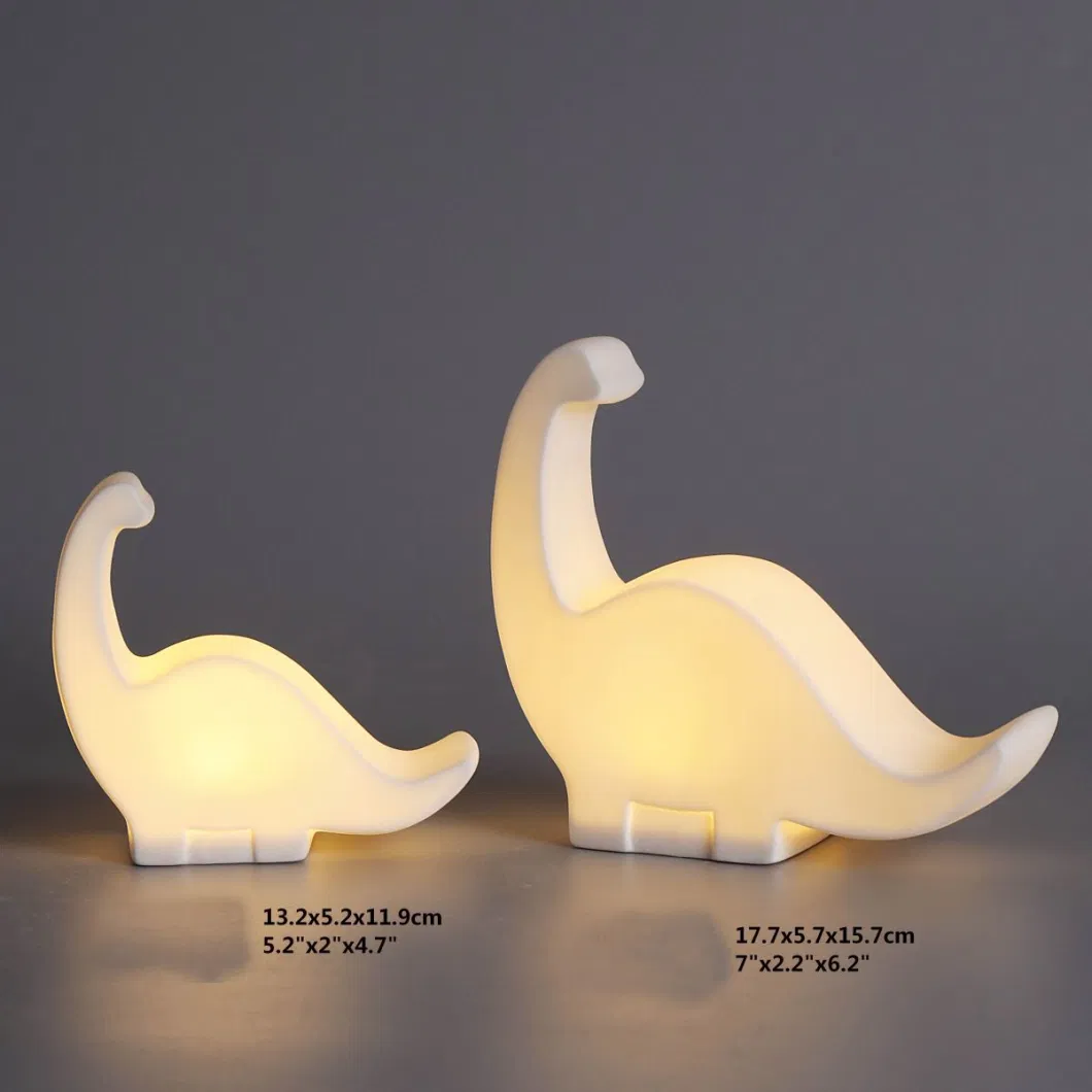 Set of 2 Ceramic Dinosaur Statue LED Light up Decorartion, White Dinosaur Table Top, Luminous Lighted Decorative Crafts Button Batteries Included, on off Switch