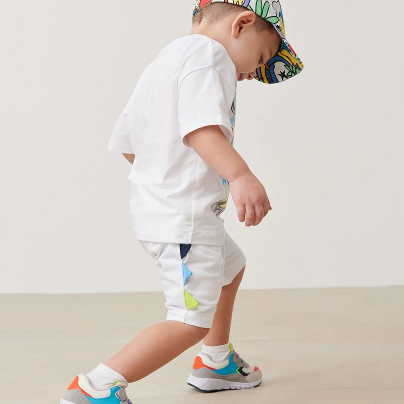 Children Boy Dinosaur Design Sports and Leisure Wear Short Sleeve T-Shirt and Short White Color 2PCS Outfit Clothes