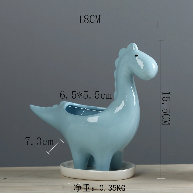 Desktop Cute Cartoon White Triceratops Dinosaur Ceramic Succulent Pot with Tray, Bonsai Cactus Flower Pot Vase Holder Decorative Organizer