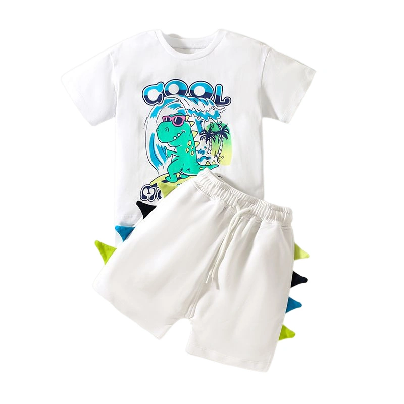 Children Boy Dinosaur Design Sports and Leisure Wear Short Sleeve T-Shirt and Short White Color 2PCS Outfit Clothes