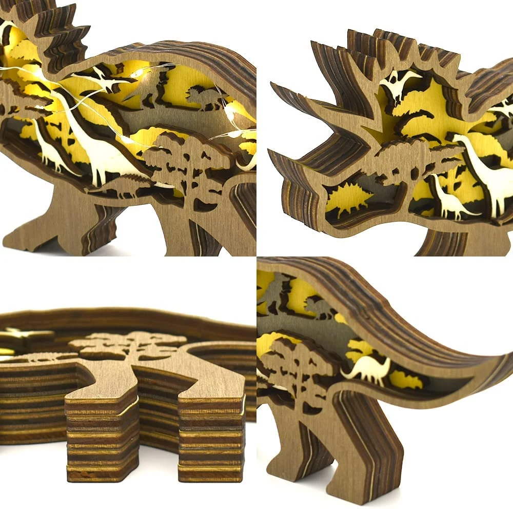 Multilayer Woodland Triceratops Silhouette Sculpture Wooden Statues Figurines Ornament