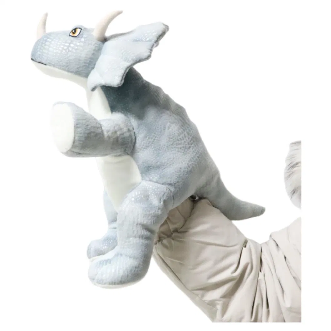 Wholesale Grey Plush Dinos Doll Toys Puppet Kids Soft Stuffed Animal Lifelike Dragon Cute Dinosaur Triceratops in Jurassic Period 25cm Hand Puppets