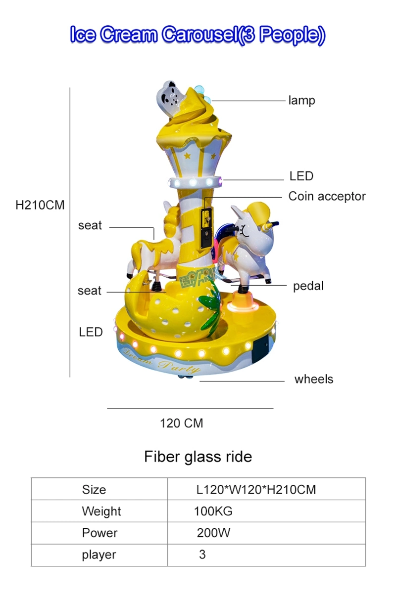 Coin Operated Ice Cream Carousel 3 People Mini Carousel Fun Carousel Kiddie Ride