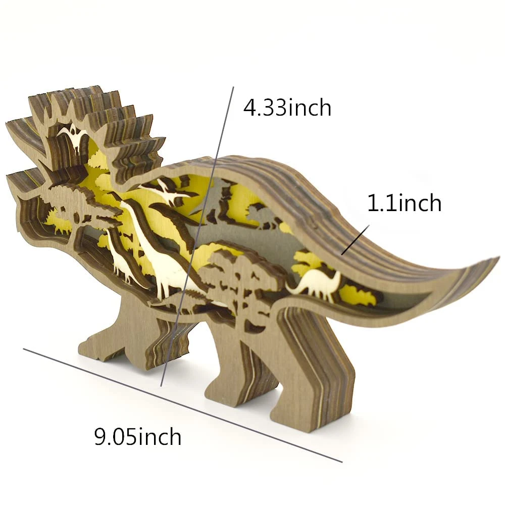 Multilayer Woodland Triceratops Silhouette Sculpture Wooden Statues Figurines Ornament