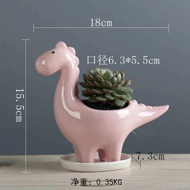 Desktop Cute Cartoon White Triceratops Dinosaur Ceramic Succulent Pot with Tray, Bonsai Cactus Flower Pot Vase Holder Decorative Organizer