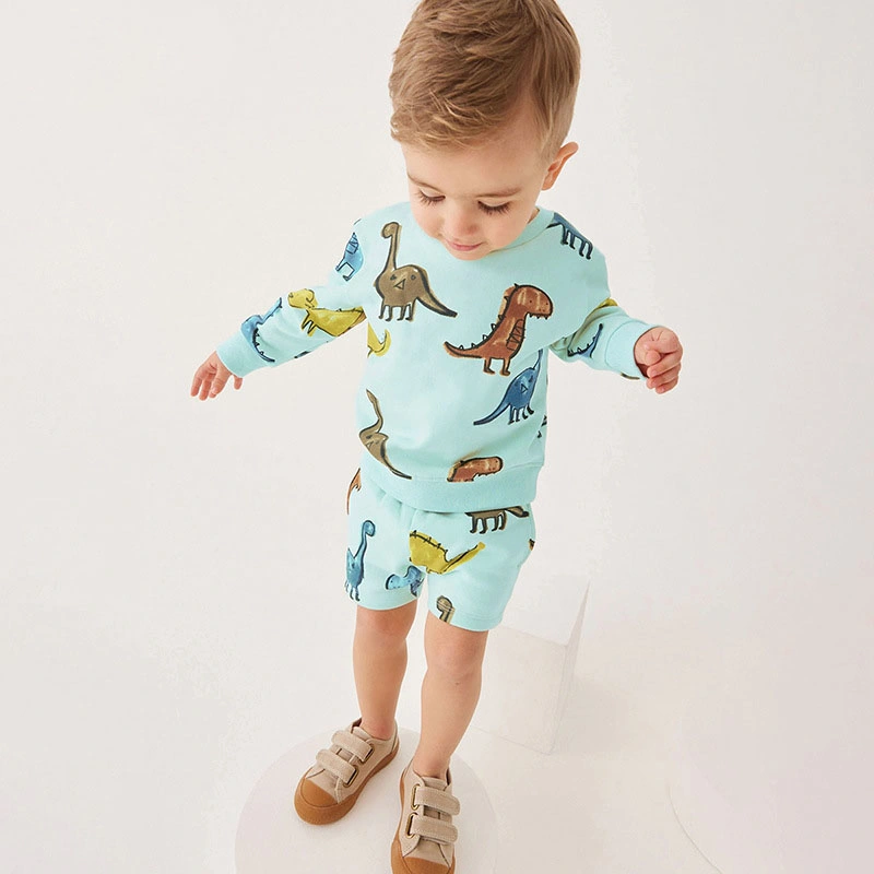 Wholesale Pure Cotton Dinosaur Printed Casual Long Sleeved Hoodie + Short Boy&prime;s Suit