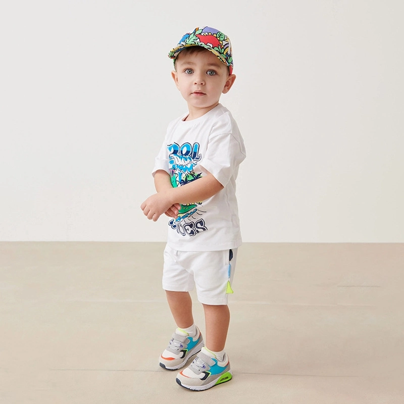 Children Boy Dinosaur Design Sports and Leisure Wear Short Sleeve T-Shirt and Short White Color 2PCS Outfit Clothes