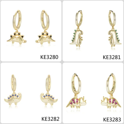 Nuevo diseño Cute Joyería Tyrannosaurus pequeña S925 Plata de Oro Pendientes de aro con colgante de dinosaurio Nano Zircon verde animal