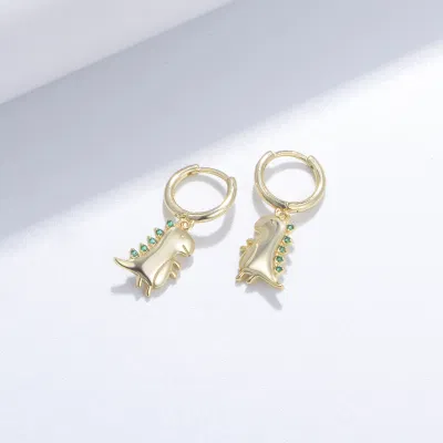 Nuevo diseño Cute Joyería Tyrannosaurus pequeña S925 Plata de Oro Pendientes de aro con colgante de dinosaurio Nano Zircon verde animal