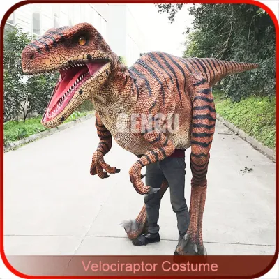 Traje de dinosaurio animatrónico caminante de Velociraptor realista.