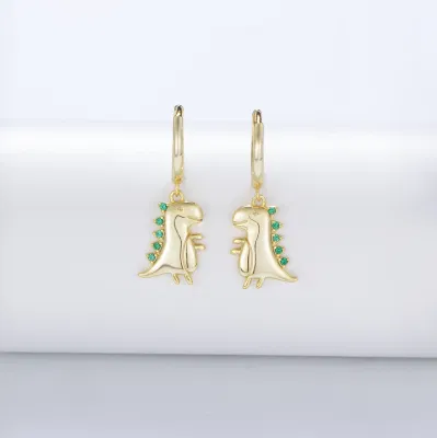 Nuevo diseño Cute Joyería Tyrannosaurus pequeña S925 Plata de Oro Pendientes de aro con colgante de dinosaurio Nano Zircon verde animal