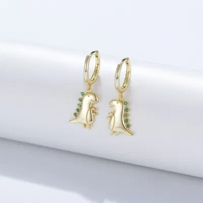 Nuevo diseño Cute Joyería Tyrannosaurus pequeña S925 Plata de Oro Pendientes de aro con colgante de dinosaurio Nano Zircon verde animal