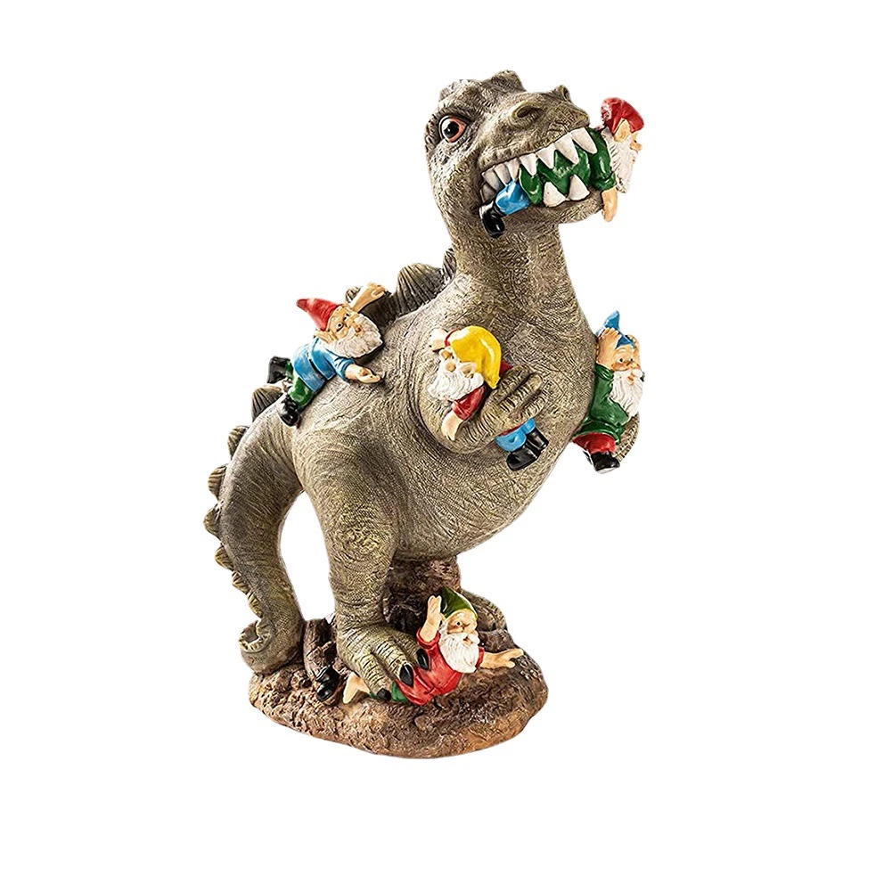 Resin Dinosaur Eating Gnomes Statue Ornament Funny Figurine Art Sculpture for Patio Lawn Home Garden Decoration Ci25152