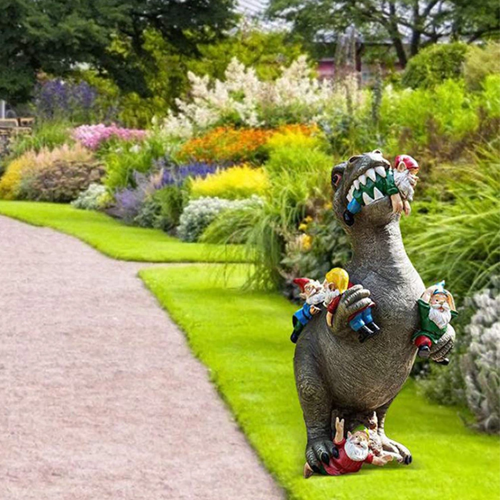 Resin Dinosaur Eating Gnomes Statue Ornament Funny Figurine Art Sculpture for Patio Lawn Home Garden Decoration Ci25152