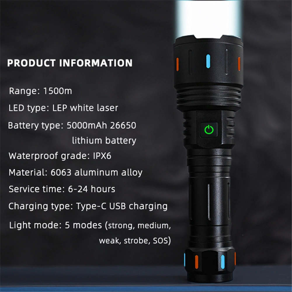 Helius 1500m Long Range White Laser Type-C Rechargeable USB Output Zoomable LED Torch Tactical Flashlight