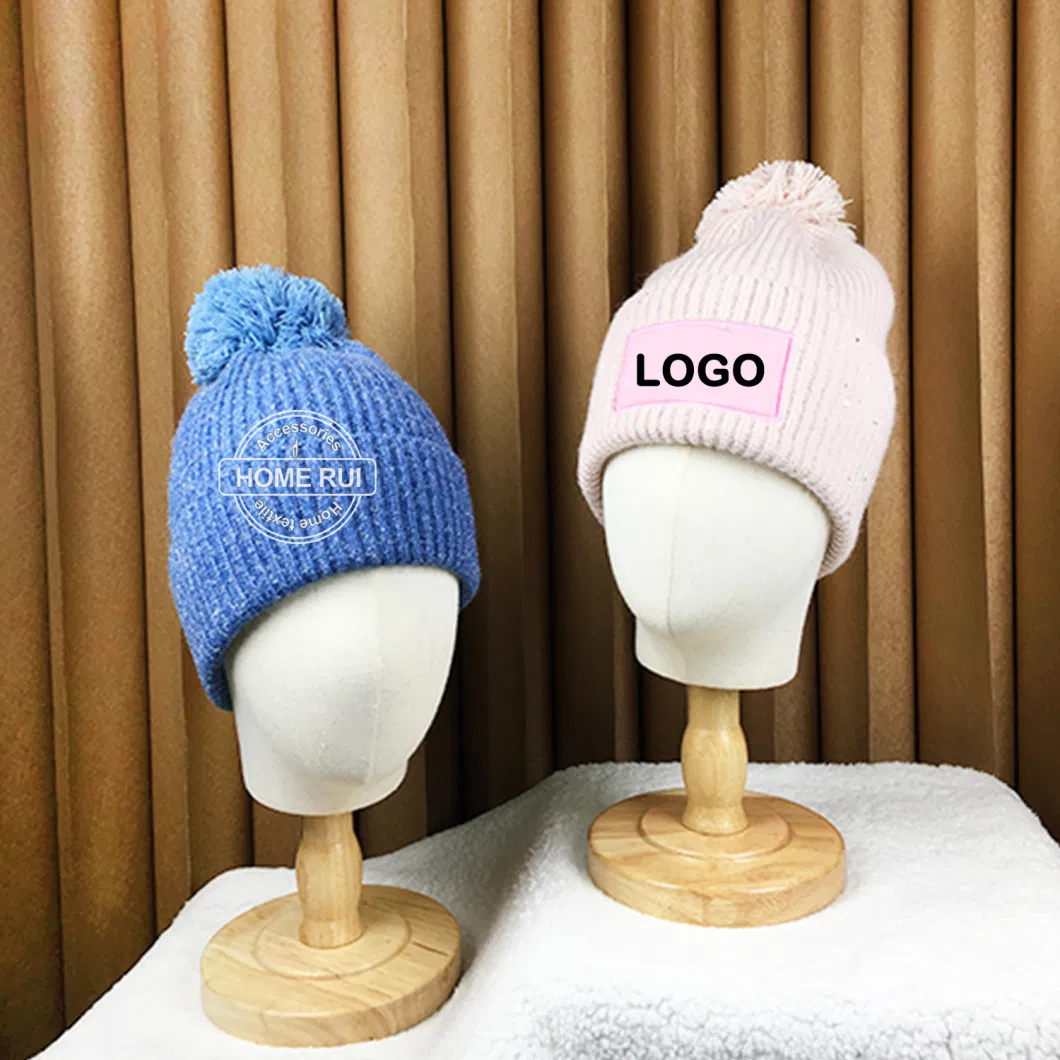 Custom Logo Women Beanies with POM POM Sequin Buckle Yarn Embroidery Letter Patch Knitted Hats Ribbed Chunky Knit Winter Caps