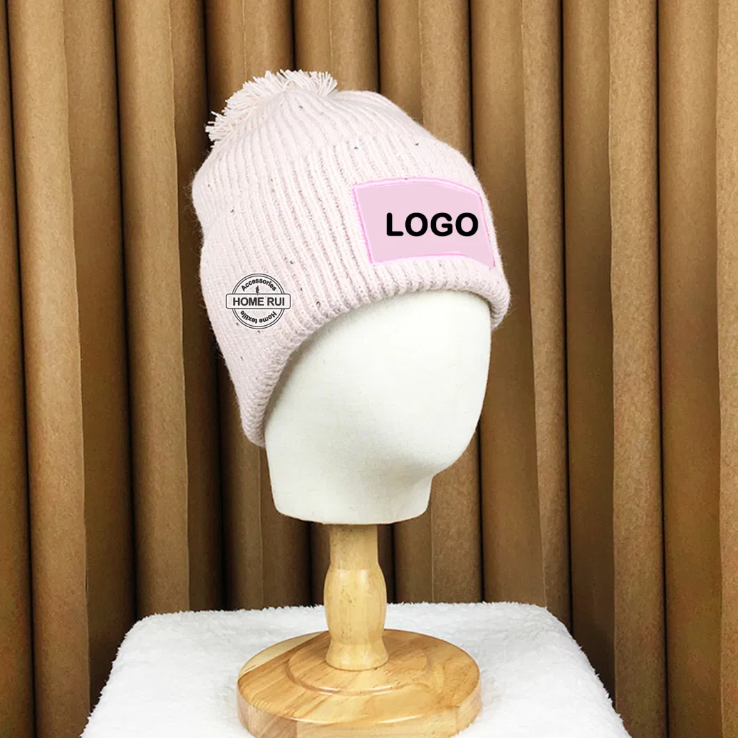 Custom Logo Women Beanies with POM POM Sequin Buckle Yarn Embroidery Letter Patch Knitted Hats Ribbed Chunky Knit Winter Caps