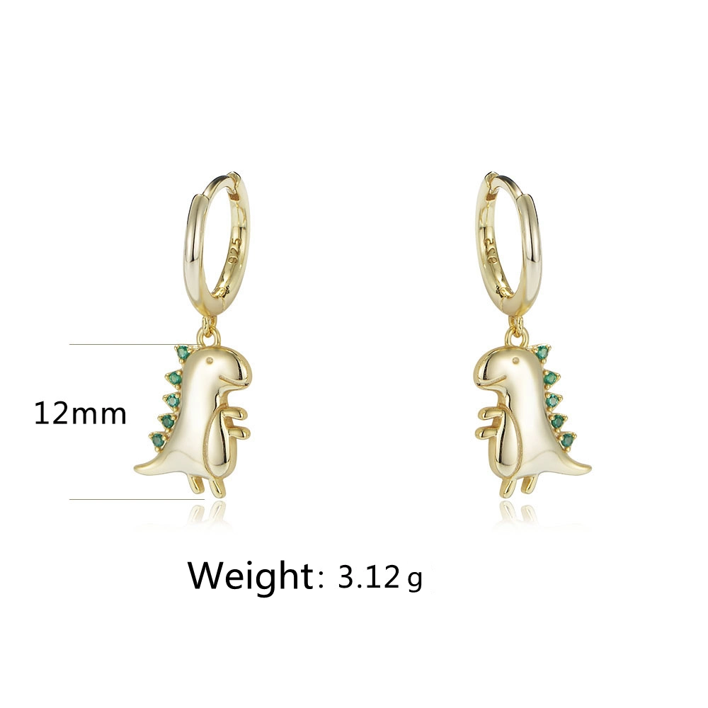 New Design Cute Small Tyrannosaurus Jewelry S925 Sterling Silver Gold Plated Animal Green Nano Zircon Dinosaur Charm Hoop Earrings