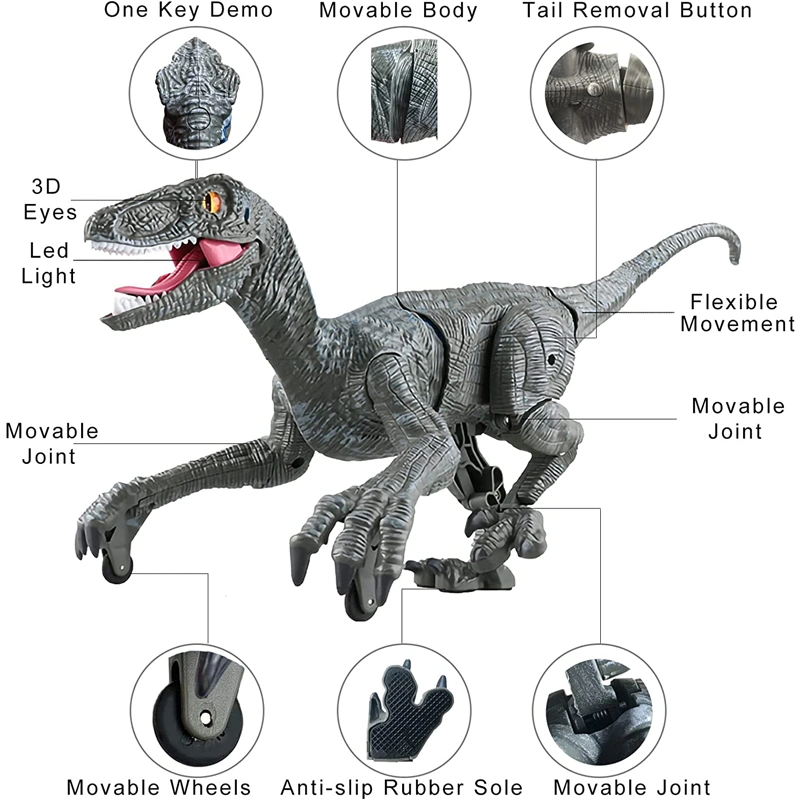 Remote Control Velociraptor Jurassic Dino Toys 2.4GHz Electronic RC Dinosaur Robot with LED Lightup Walking Roaring Rechargeable Raptor Birthday Gifts