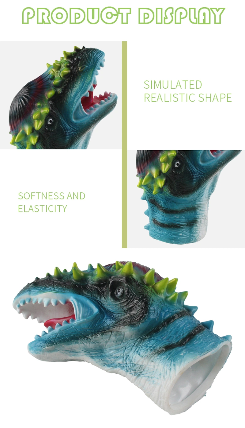 High Quality Green Soft Rubber Animals Head Model Toy Dinosaur Hand Puppet for Children