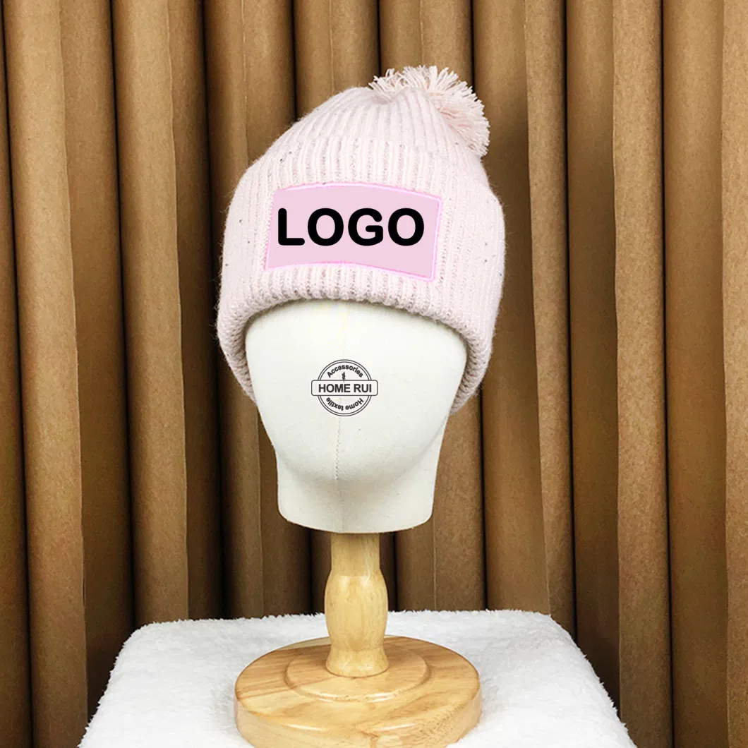 Custom Logo Women Beanies with POM POM Sequin Buckle Yarn Embroidery Letter Patch Knitted Hats Ribbed Chunky Knit Winter Caps