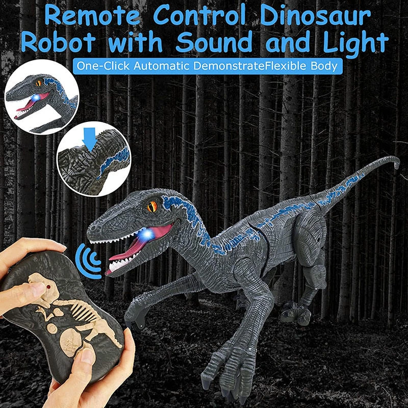 Remote Control Velociraptor Jurassic Dino Toys 2.4GHz Electronic RC Dinosaur Robot with LED Lightup Walking Roaring Rechargeable Raptor Birthday Gifts