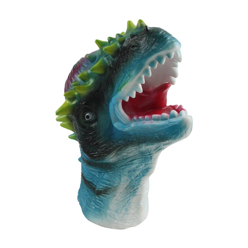 High Quality Green Soft Rubber Animals Head Model Toy Dinosaur Hand Puppet for Children
