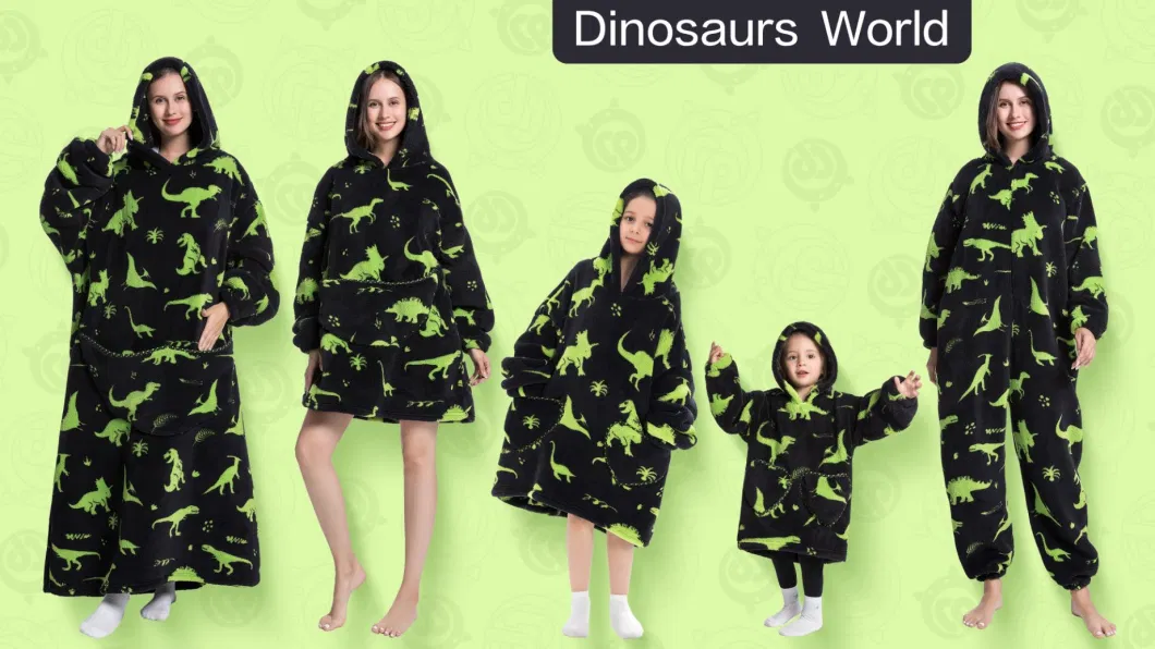 Karneval Dinosaurs World Pattern Fleece Young Boys and Girls Winter Black Thicken Warm Blanket Hoodie