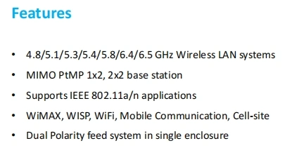 Outdoor Base Station 4.8 to 6.5 GHz Ptmp 2X2 MIMO Sector Antenna