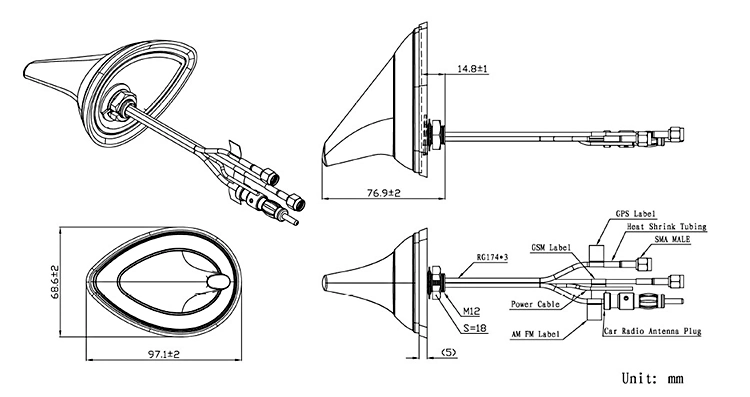 Frequency 1575.42 GPS GSM Am/FM Combo Shark Fin Antenna for Car