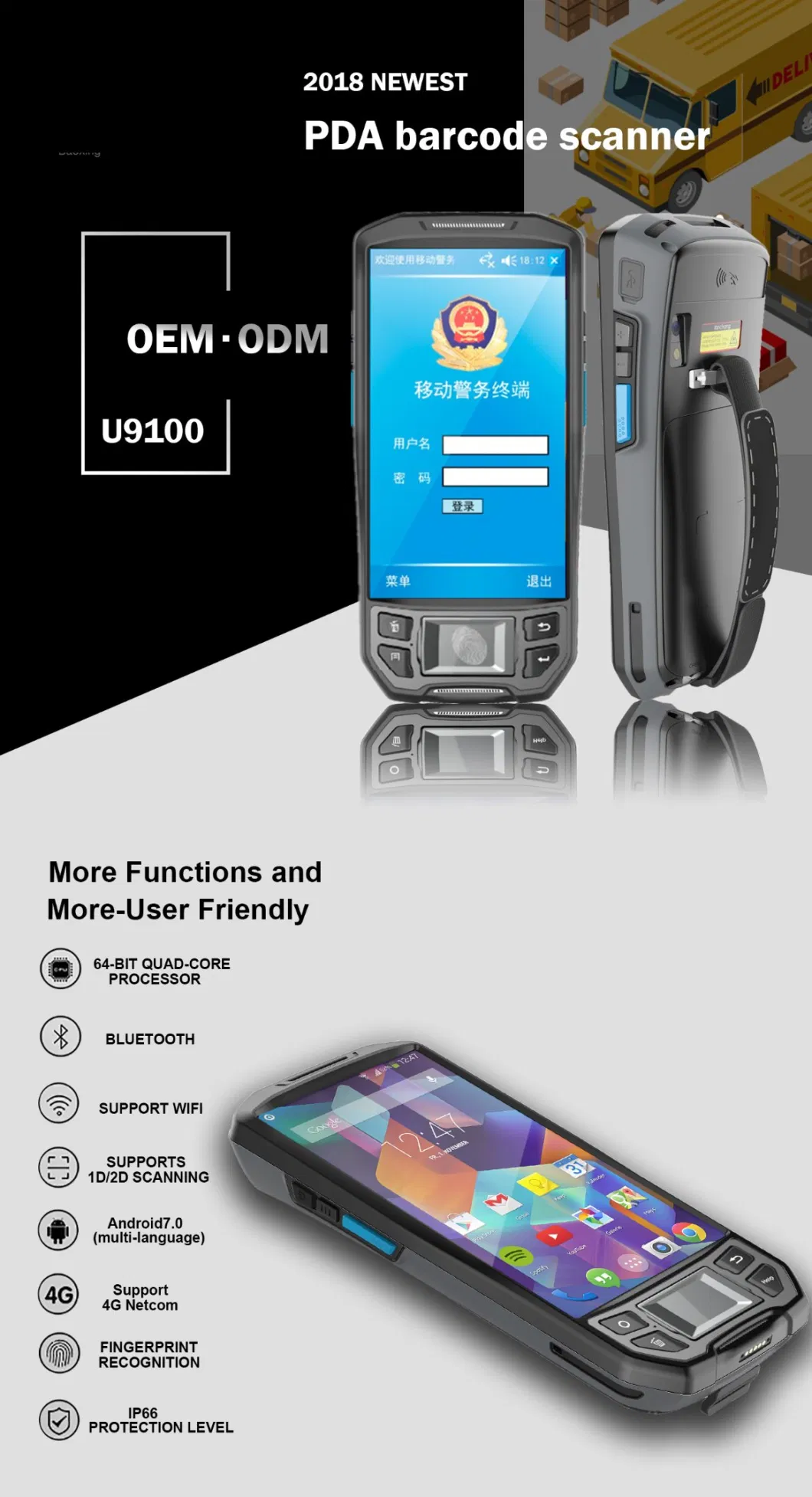 PDA Qr Code Scanner IP66 WiFi GPRS GPS Fingerprint Scanner Handheld Terminal Android