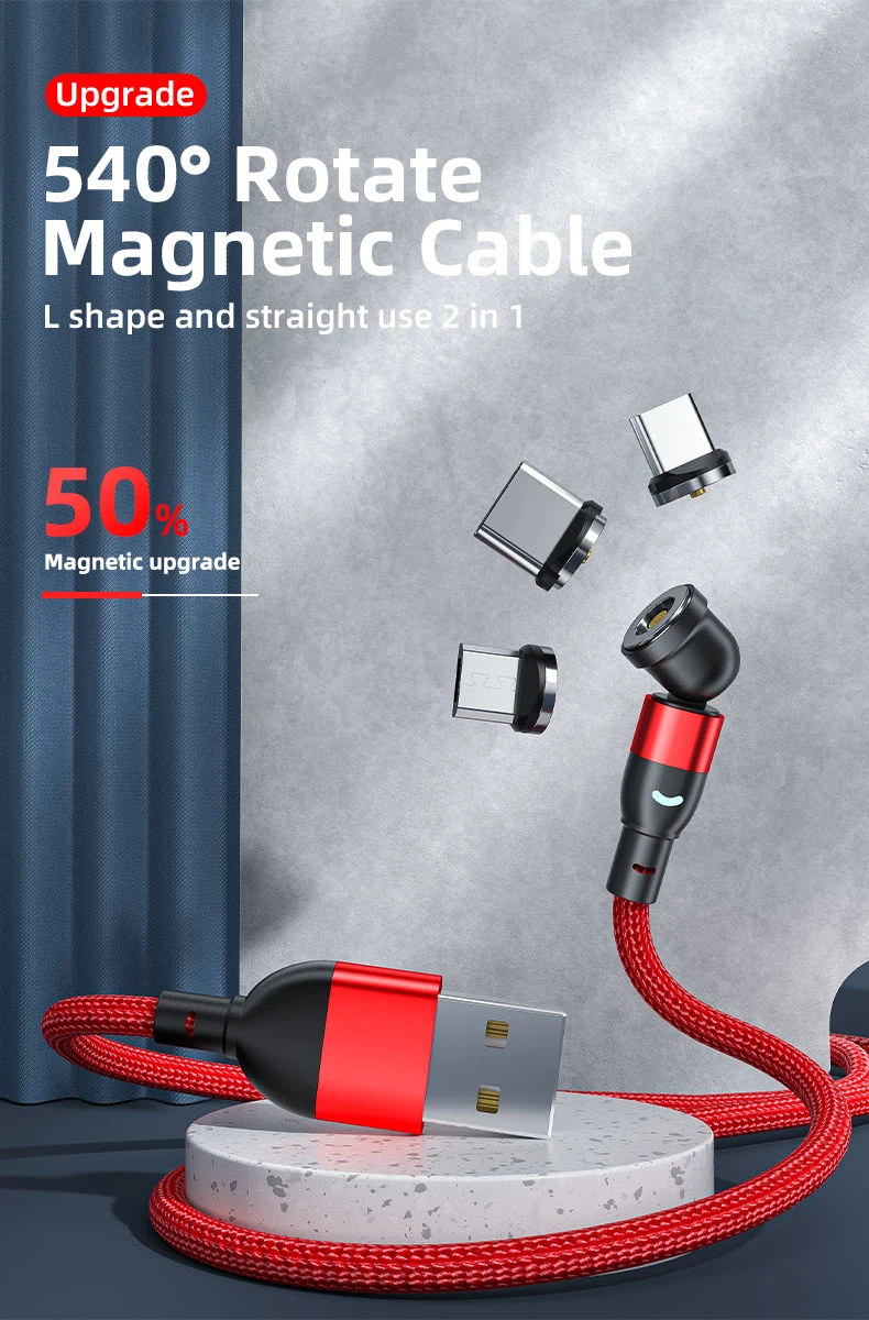 540 Degrees Free Rotation Charging Cable Magnetic Suction USB Cable Multifunctional 3 in 1 with Micro/Lightning/Type-C Interface Light