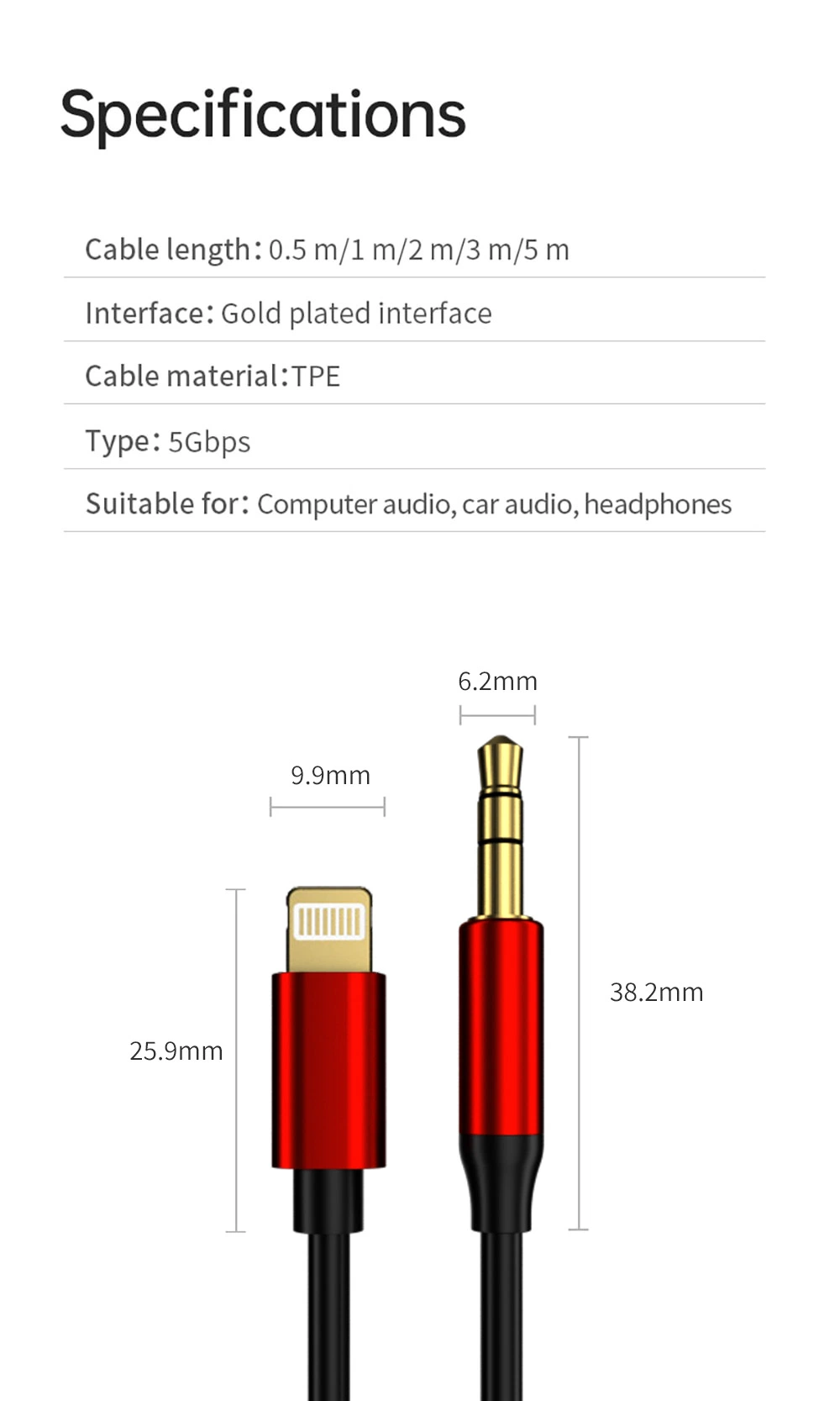 New Lightning to 3.5mm High Transmission Anti-Noise Aux Interface Aluminum Alloy Headphone Car Speaker Audio Cable