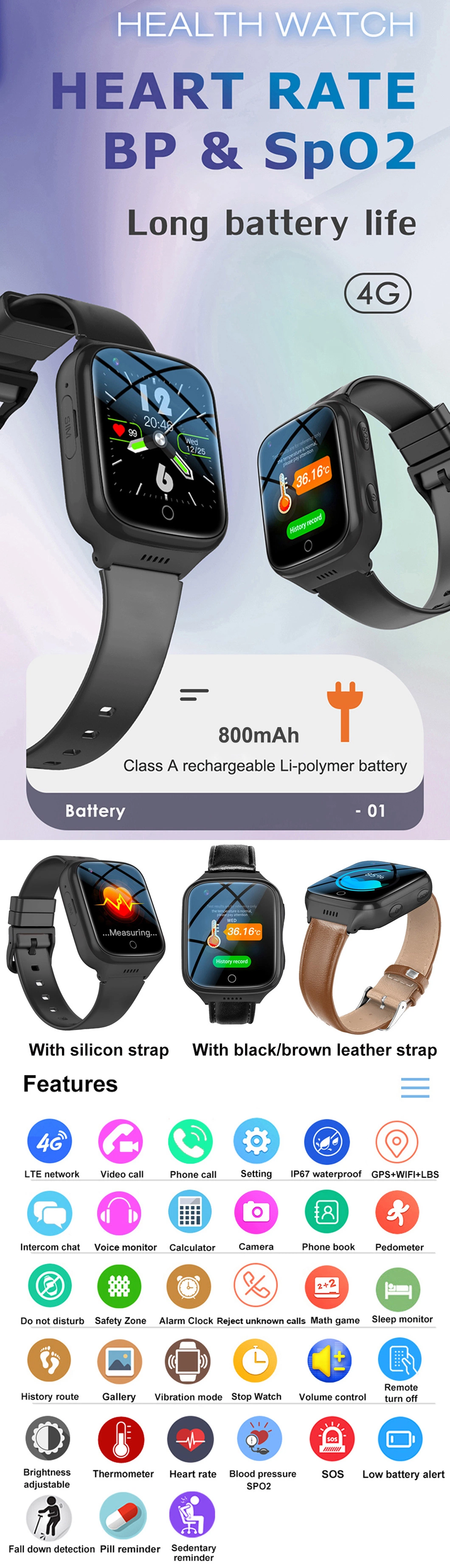 New arrival China manufacturer 4G Waterproof IP67 Senior Healthcare Smart Watch GPS tracker with video call fall down detection HR BP SPO2 D44