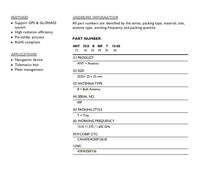 Ceramic Patch Antenna Ant2525b00FT1516s GPS &amp; Glonass Pin 25*25*4mm Antenna