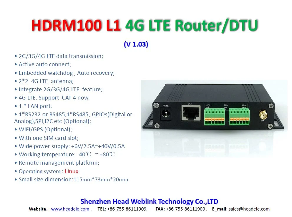 Hdrm100 L1 Industrial 4G WiFi Router Withmimo Antenna, 1*WiFi Antenna
