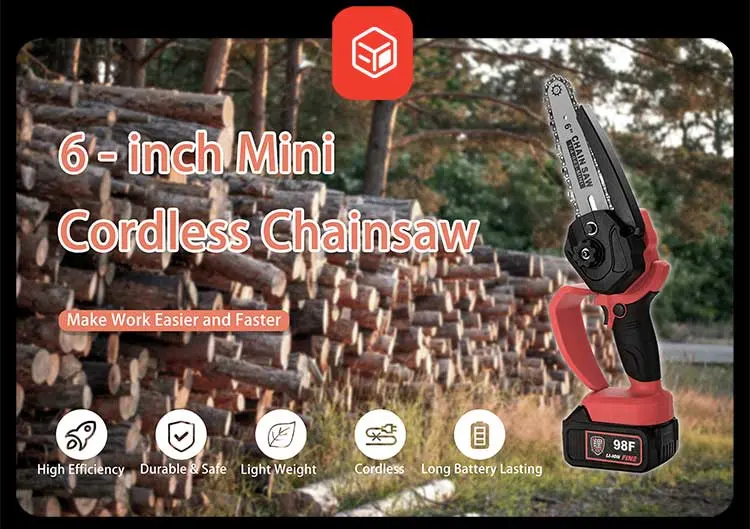 6 Inch 21V Portable Handheld Mini Chainsaw 6 Inch Cordless Electric Chainsaw with 2 Lithium Battery Power Tools Garden Tools Chain Saw