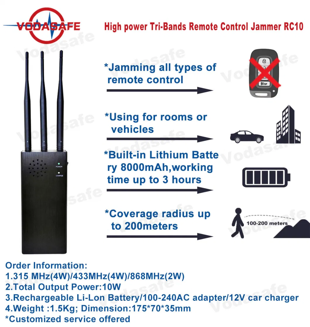 3 Antennas 10 W Remote Contro Jammer with 315MHz / 433MHz / 868MHz Remote Controlled Signal Blocker