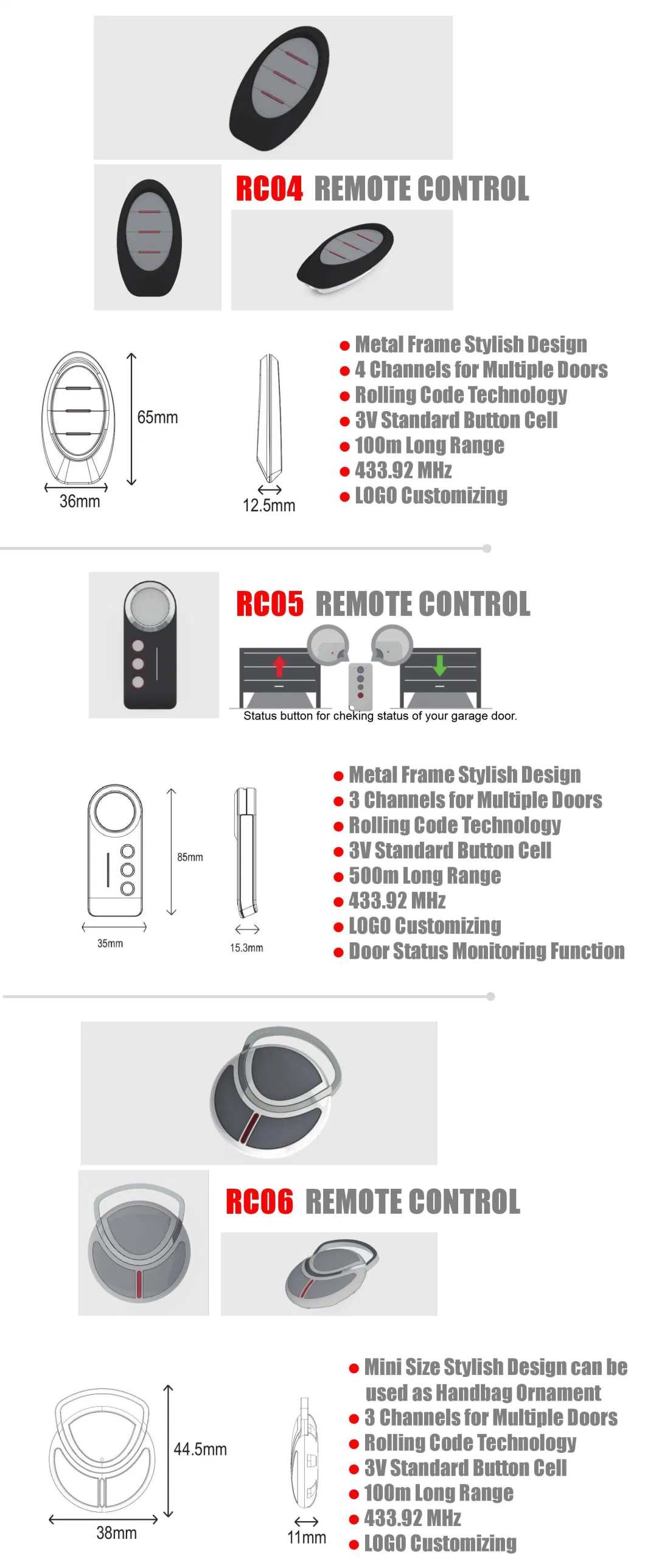 433 MHz Rolling Code Garage Door Opener Remote Control with Metal Frame