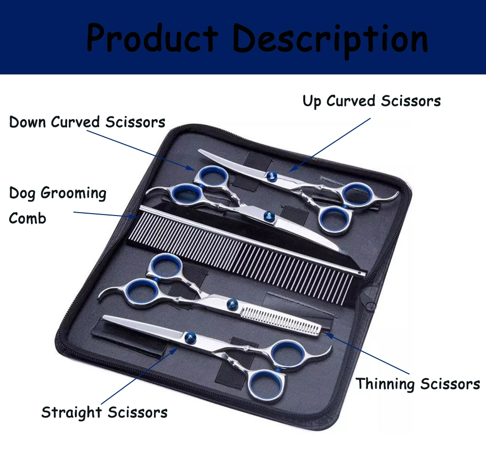 High Quality Pet Products Wholesale Dog Grooming Scissors Kit Stainless Steel Pet Shear Set Thinning Straight Curved Shears Comb Pet Supply