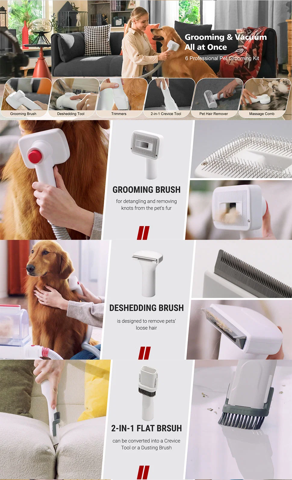 Pet Supplies PRO Grooming Vacuum Cleaner Pet Hair Remove Trimmer Grooming Vacuum Kit with 6 Proven Grooming Tools