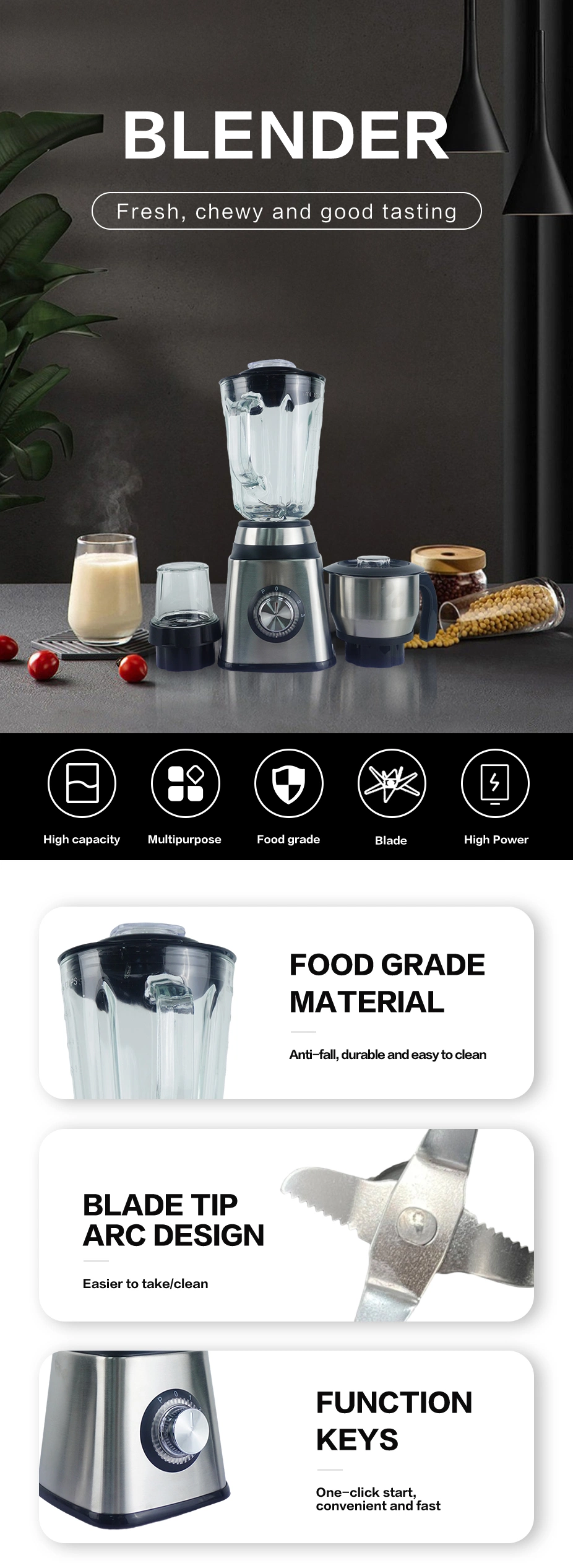 Portable Smoothie Kitchen Silver Crest Milkshake Heavy Duty Commercial Mini Food Electric Grinder Stainless Steel 1.8L Fresh Juice Blender with Chopper