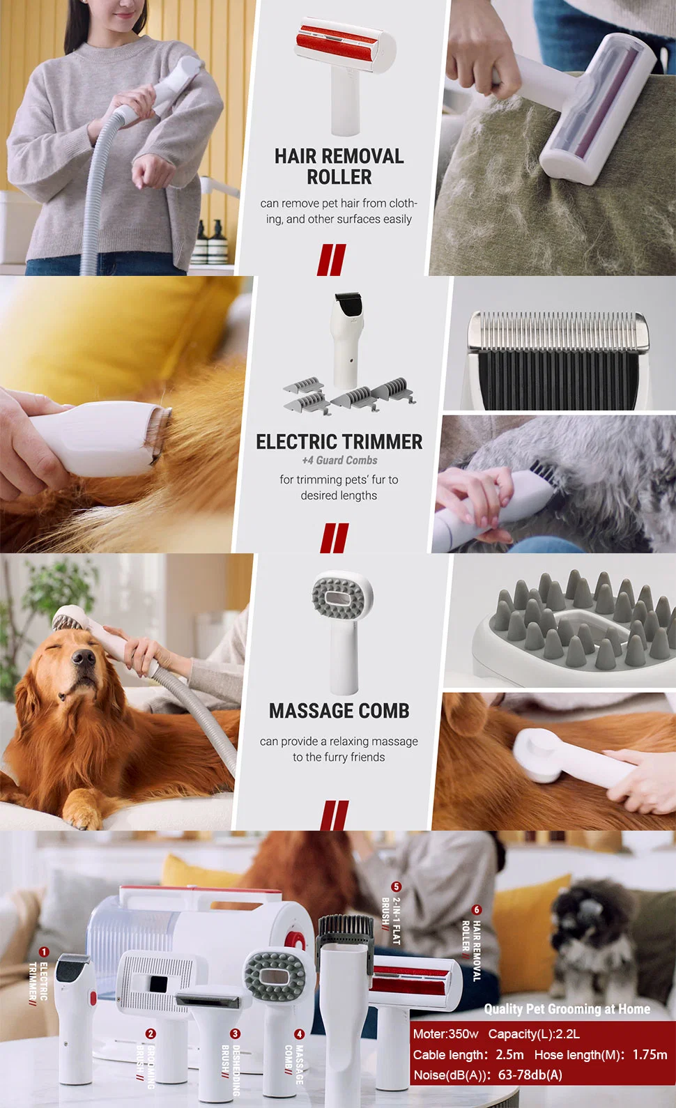 Pet Supplies PRO Grooming Vacuum Cleaner Pet Hair Remove Trimmer Grooming Vacuum Kit with 6 Proven Grooming Tools