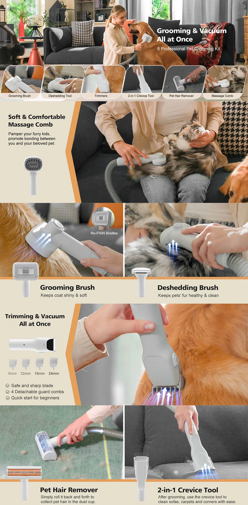 Pet Grooming Vacuum with Clippers Trimmers Deshed Brush Dog Cat Hair Remover Tools Kit