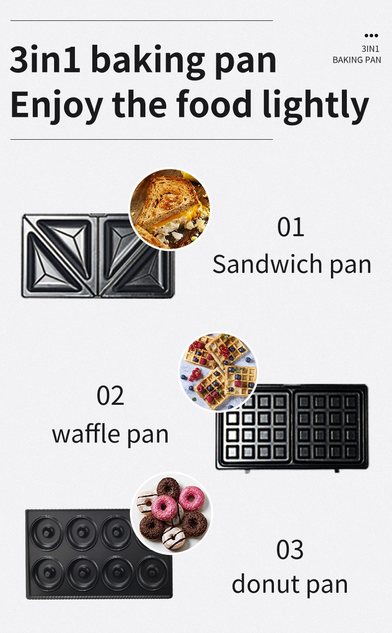 Stainless Steel Decoration 3 in 1 New Design Double Sided Heating LED Indicator Lights Sandwich Waffle Maker