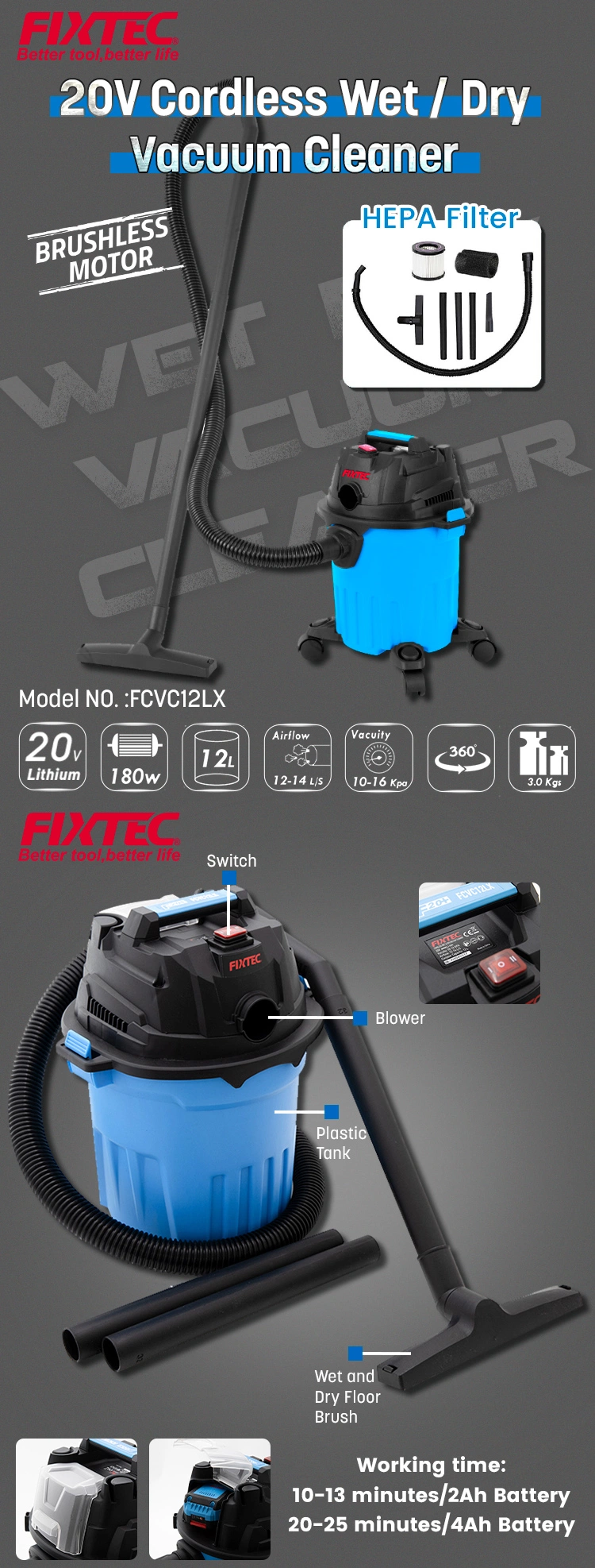 Fixtec Cordless Car Vacuum Cleaner HEPA Filter Handheld Wireless Vacuum Cleaner for Car Wash