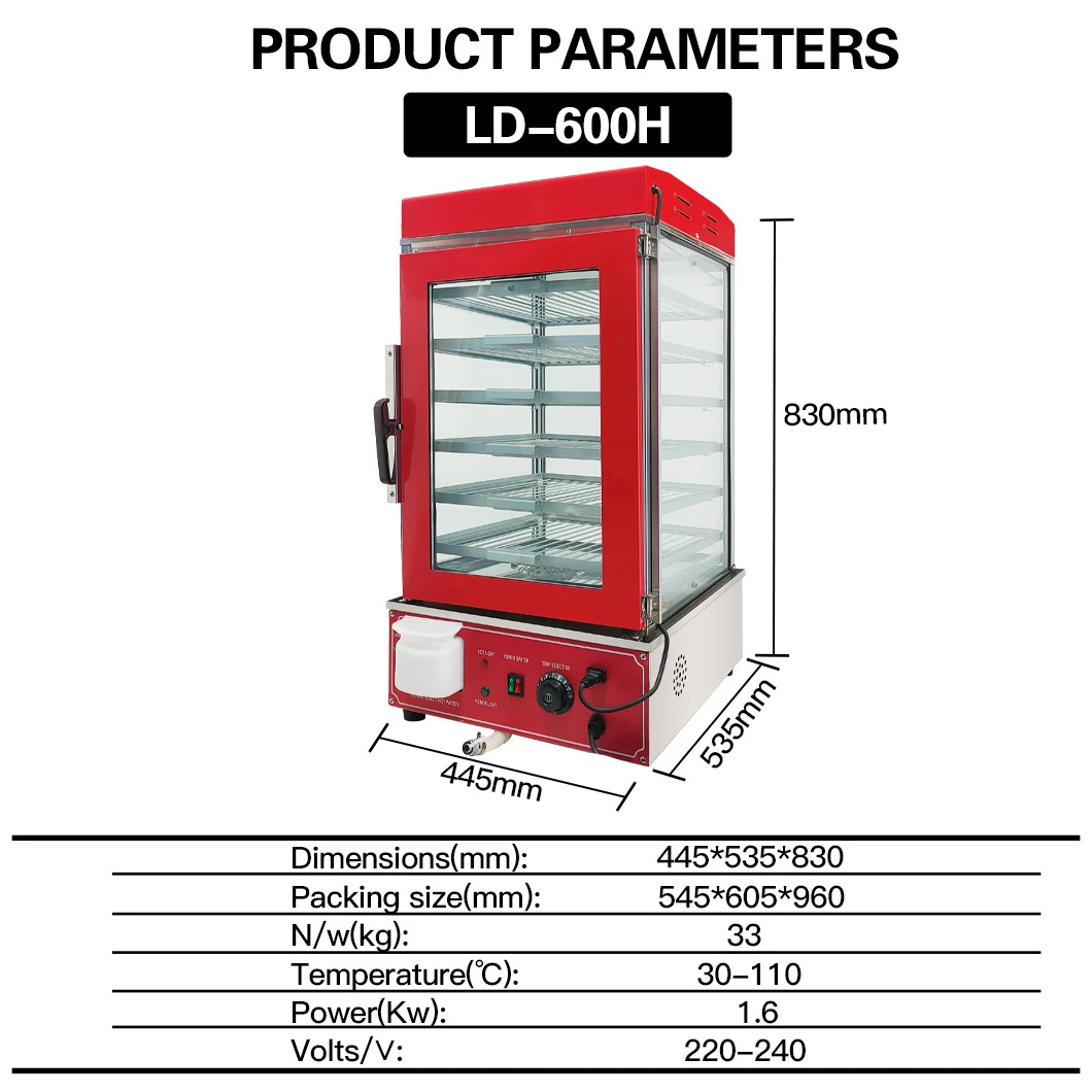 CE Approved Ld-600h Stainless Steel Bun Steamer Electric Food Display Automatic Temperature Control 6 Layers Display Hot Food Warmer Display