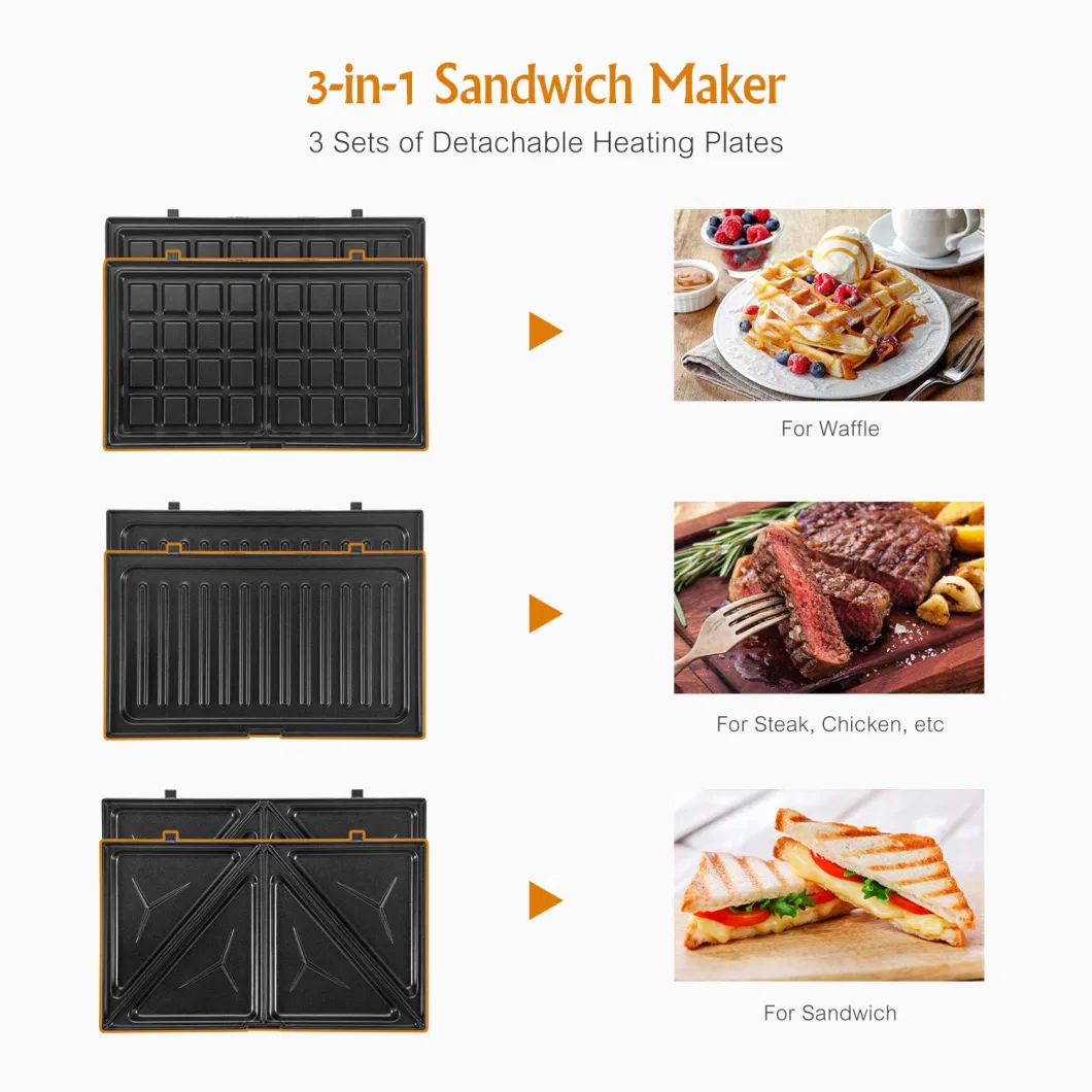 Detachable Breakfast Sandwich Maker 6 in 1 Toaster 3 in 1 Non-Stick Sandwich Maker with Cool Touch Handle Waffle Maker