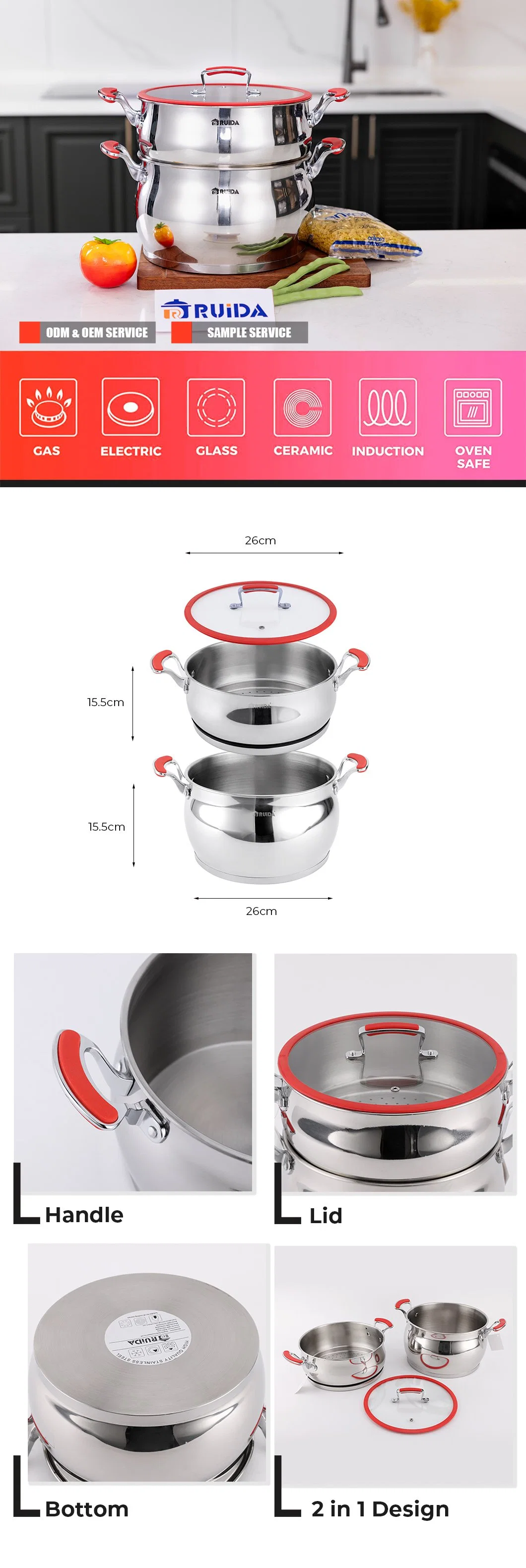 Kitchen Utensils Stainless Steel Couscous Pot Sockpot Steamer with Red Silicone Handle