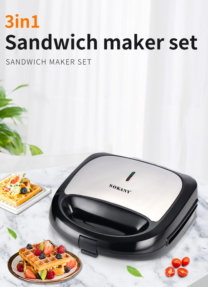 Stainless Steel Decoration 3 in 1 New Design Double Sided Heating LED Indicator Lights Sandwich Waffle Maker